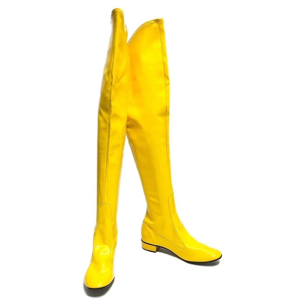 Vintage 1960s deadstock banana yellow vinyl over the knee pull on gogo boots
